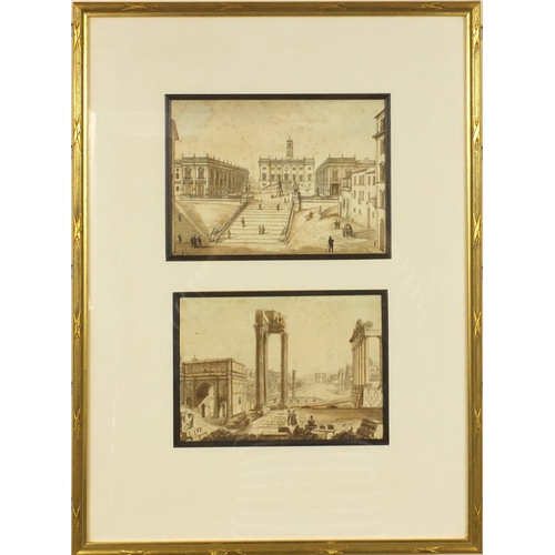 1326 - Two hand coloured prints of classical Italian scenes, together with two watercolours - one of a bear... 