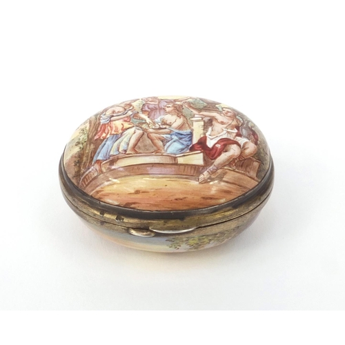 112 - Continental 19th century Austrian silver and enamel box hand painted with classical scenes, 4cm diam... 