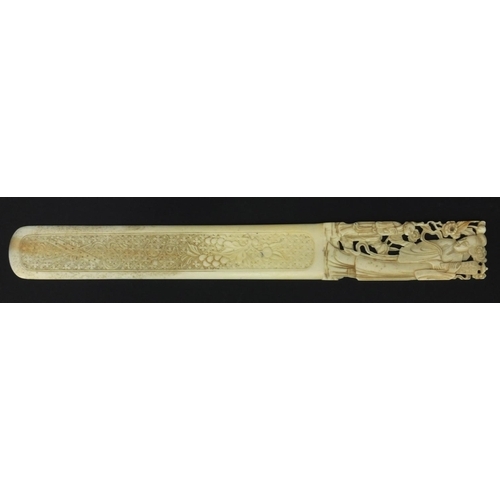 619 - Oriental Chinese ivory letter opener pierced and carved with figures and flowers, 28.5cm long