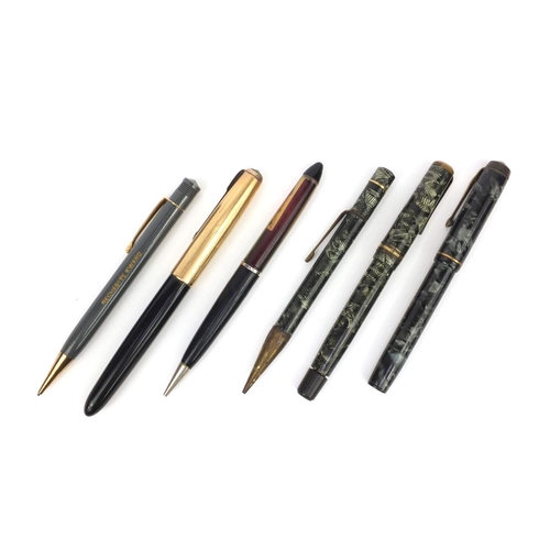 136 - Small group of pens including Wyvern Pen & Co marbleised fountain pen and propelling pencil, Conway ... 