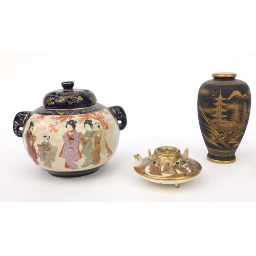 595 - Group of Japanese satsuma pottery including, teapot, koro and cover, some with character marks, etc ... 