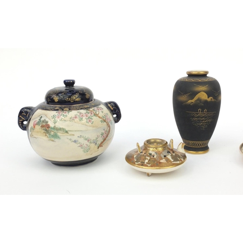 595 - Group of Japanese satsuma pottery including, teapot, koro and cover, some with character marks, etc ... 