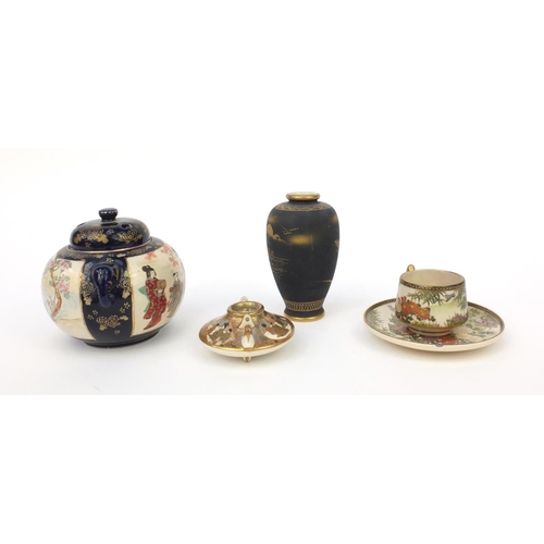 595 - Group of Japanese satsuma pottery including, teapot, koro and cover, some with character marks, etc ... 