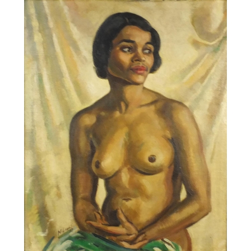 1322 - South African School oil onto board view of a seated nude female, bearing a signature N. Lewis and d... 