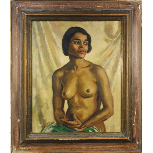 1322 - South African School oil onto board view of a seated nude female, bearing a signature N. Lewis and d... 