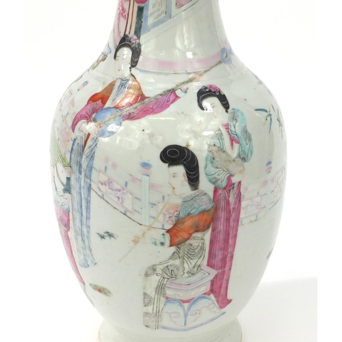 567 - Chinese porcelain vase hand painted with figures playing musical instruments, blue rings to the base... 