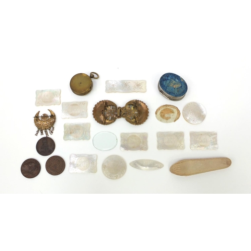 145 - Bag of objects including middle eastern watercolour onto ivory, oriental Chinese other of pearl gami... 