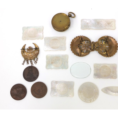 145 - Bag of objects including middle eastern watercolour onto ivory, oriental Chinese other of pearl gami... 