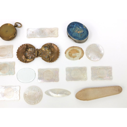 145 - Bag of objects including middle eastern watercolour onto ivory, oriental Chinese other of pearl gami... 