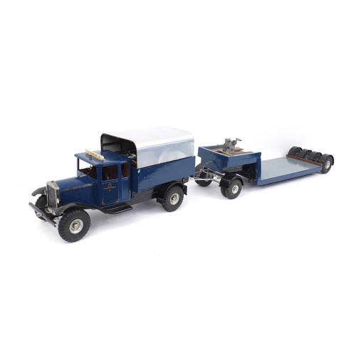 536 - Large tin plate and wooden scratch built model of a D.A Transport LTD pick up truck with trailer, ba... 