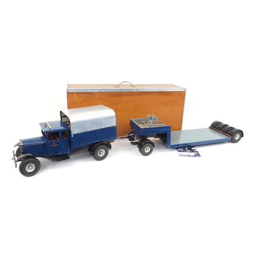 536 - Large tin plate and wooden scratch built model of a D.A Transport LTD pick up truck with trailer, ba... 