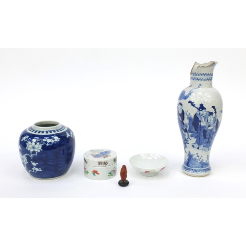 555 - Group of oriental Chinese porcelain including, ginger jar, vase and carved nut, the tallest 26cm hig... 