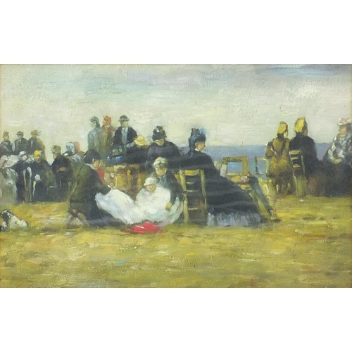 1275 - After Boudin - Oil onto canvas laid onto panel of figures congregating, signed, mounted and framed, ... 