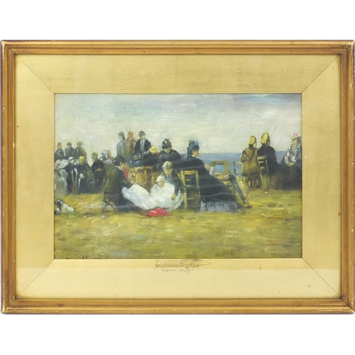 1275 - After Boudin - Oil onto canvas laid onto panel of figures congregating, signed, mounted and framed, ... 