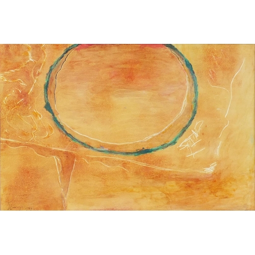 1282 - Watercolour onto paper abstract composition of a circle bearing a signature J. Cummings 1969, mounte... 