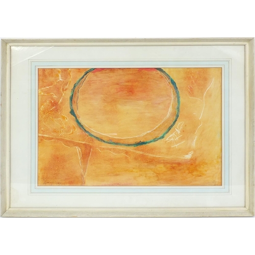 1282 - Watercolour onto paper abstract composition of a circle bearing a signature J. Cummings 1969, mounte... 