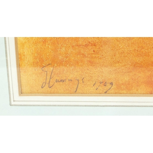 1282 - Watercolour onto paper abstract composition of a circle bearing a signature J. Cummings 1969, mounte... 