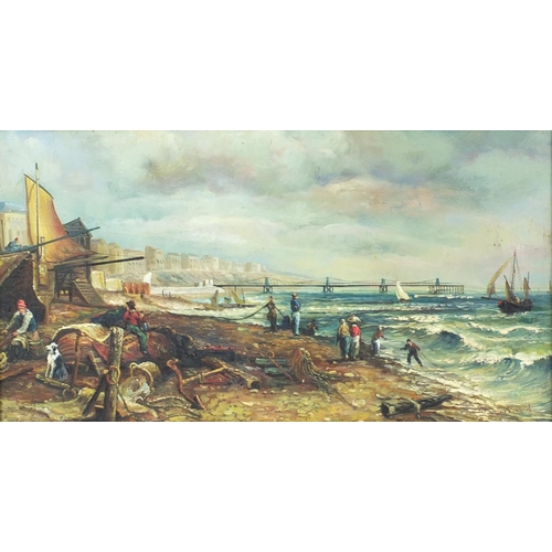 1317 - Oil onto board view of a Brighton seascape scene, bearing a signature S. Ward, framed, 59cmx 32cm ex... 