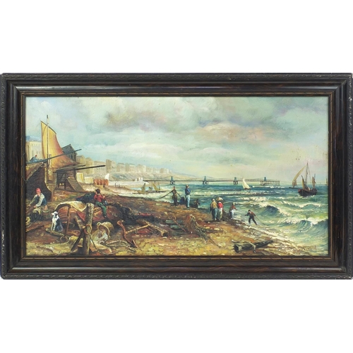 1317 - Oil onto board view of a Brighton seascape scene, bearing a signature S. Ward, framed, 59cmx 32cm ex... 