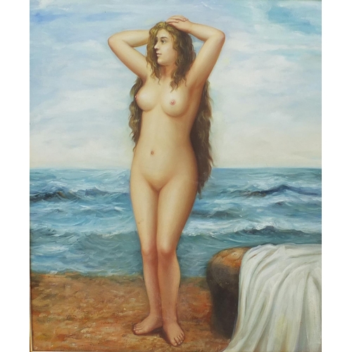 2044 - Oil on to canvas view of a nude lady standing on a beach, mounted and gilt framed 61cm x 50cm exclud... 