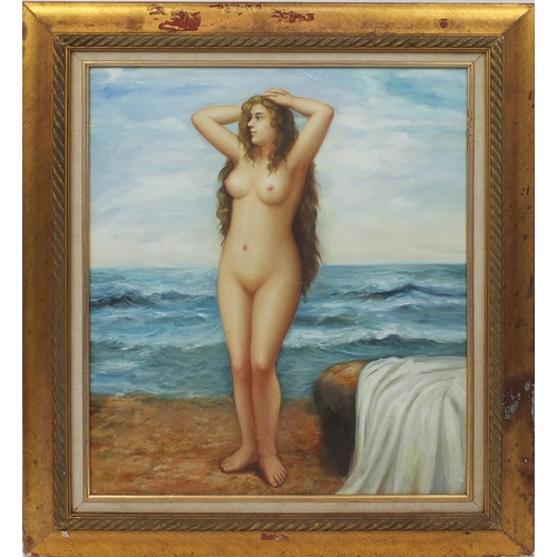 2044 - Oil on to canvas view of a nude lady standing on a beach, mounted and gilt framed 61cm x 50cm exclud... 
