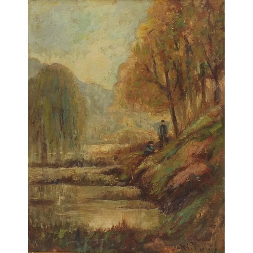 2043 - Oil on to canvas view of two boys by a river, bearing a signature W.Rorfofs? Gilt framed 59cm x 43cm... 