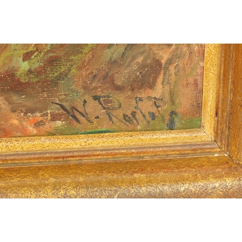 2043 - Oil on to canvas view of two boys by a river, bearing a signature W.Rorfofs? Gilt framed 59cm x 43cm... 