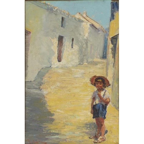 2045 - Oil onto board view of a continental street scene with a young boy, bearing an indistinct signature ... 