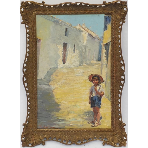 2045 - Oil onto board view of a continental street scene with a young boy, bearing an indistinct signature ... 