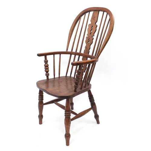 2019 - Elm and beech stick back Windsor chair with pierced slat and H stretcher