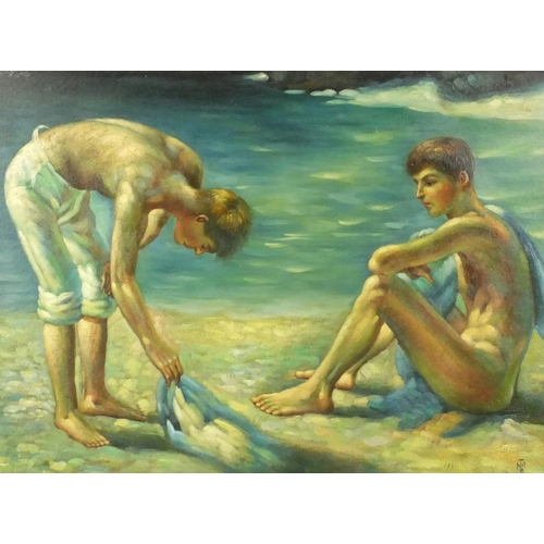 2047 - Modern British oil onto board view of nude boys on the beach, bearing a monogram NAS, ornately frame... 