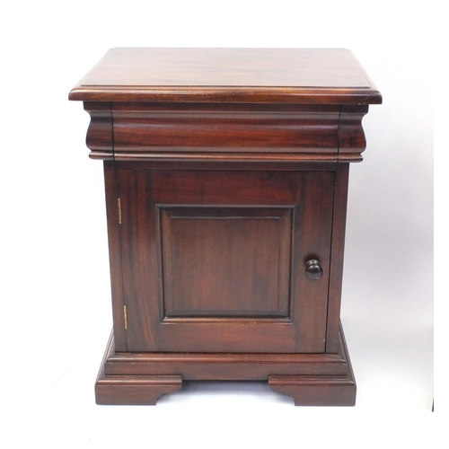 2016 - Pair of Mahogany bedsides fitted with a frieze drawer above a cupboard, 65cm high x 53cm wide x 40cm... 