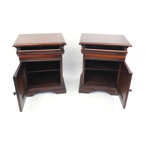 2016 - Pair of Mahogany bedsides fitted with a frieze drawer above a cupboard, 65cm high x 53cm wide x 40cm... 
