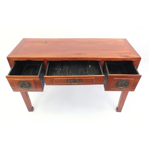 2015 - Oriental hardwood console table fitted with three drawers, 82cm high x 120cm wide x 43cm deep