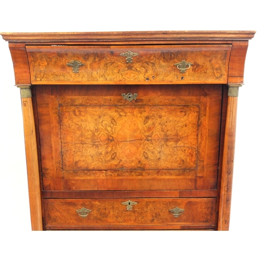 2002 - French burr walnut secretaire à abattant, the fall enclosing a fitted interior above three long draw... 