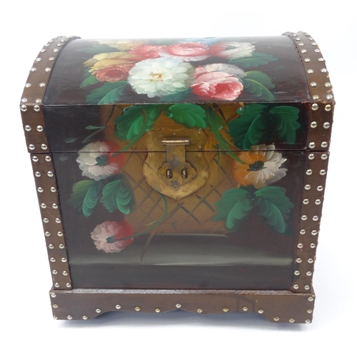 55 - Hand painted floral dome top box with hinged lid, 46cm high