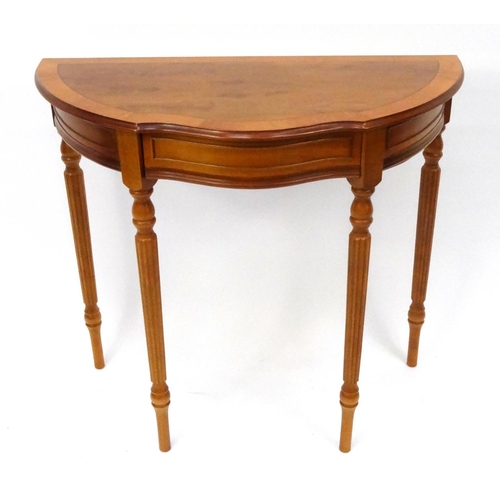 17 - Inlaid yew wood demi lune hall table with frieze drawer, 65cm high x 85cm wide x 42cm deep