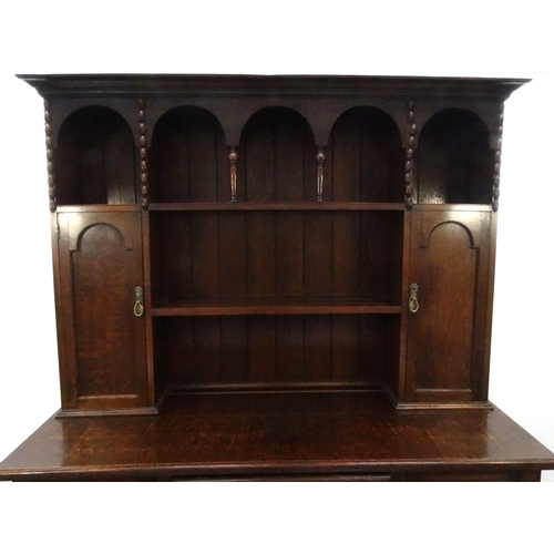 19 - Oak dresser with an arrangement of shelves and cupboards, 197cm high x 152cm wide x 56cm deep