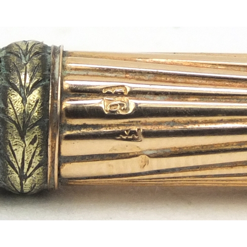 129 - Russian Faberge 14ct and green guilloche enamelled dip pen marked '56', indistinct initials 'R?', 18... 