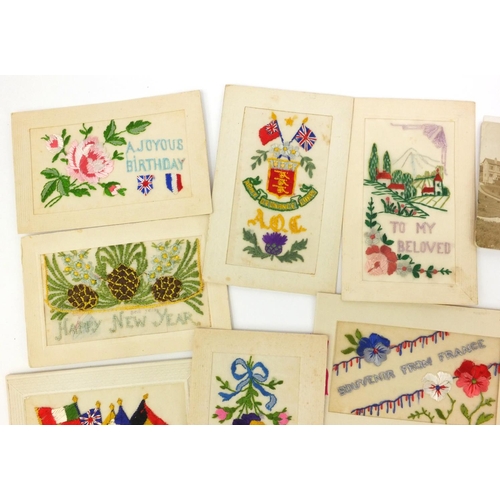 383 - Collection of military interest World War 1 embroidered silk postcards, including army audience corp... 