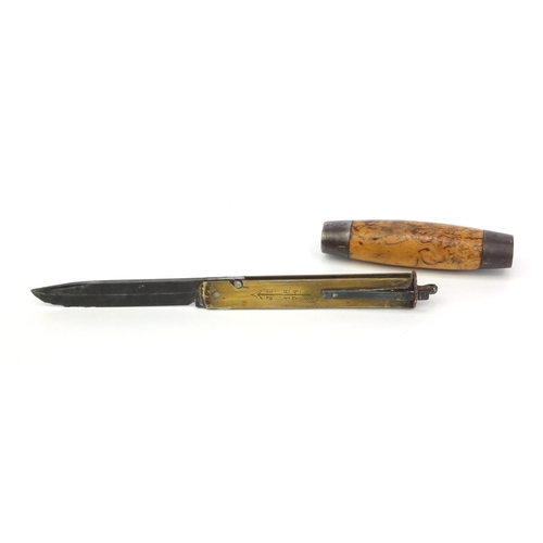 74 - 19th century wooden and metal barrel knife, the blade stamped 'Joh engstrom Eskilstuna', when folded... 