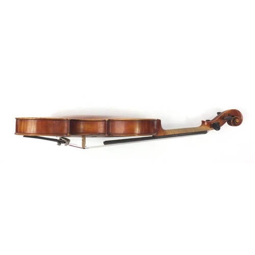 344 - Old wooden violin and carrying case, the violin 59cm high