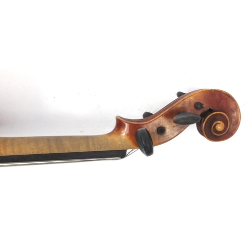 344 - Old wooden violin and carrying case, the violin 59cm high