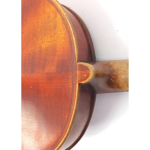 344 - Old wooden violin and carrying case, the violin 59cm high