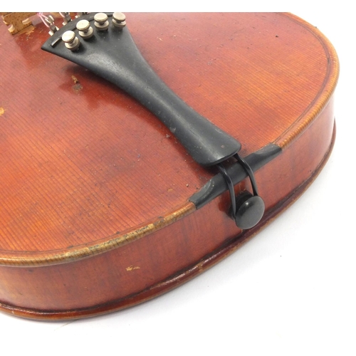 344 - Old wooden violin and carrying case, the violin 59cm high