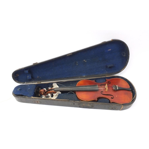 344 - Old wooden violin and carrying case, the violin 59cm high