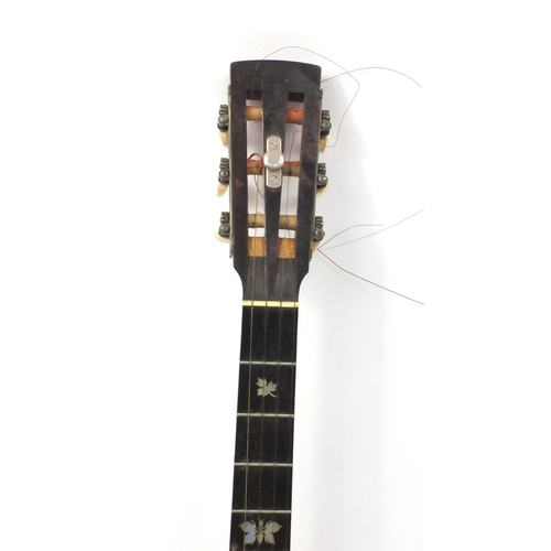 351 - W.E. Temlett of London five string banjo, model No6 with Mother of Pearl inlay, impressed marks and ... 