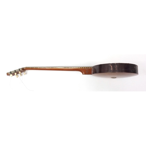 351 - W.E. Temlett of London five string banjo, model No6 with Mother of Pearl inlay, impressed marks and ... 