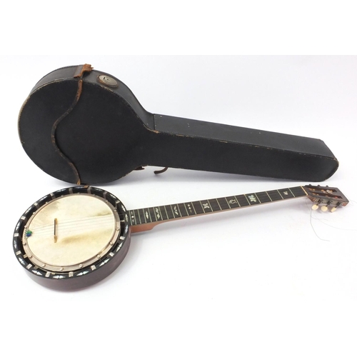 351 - W.E. Temlett of London five string banjo, model No6 with Mother of Pearl inlay, impressed marks and ... 