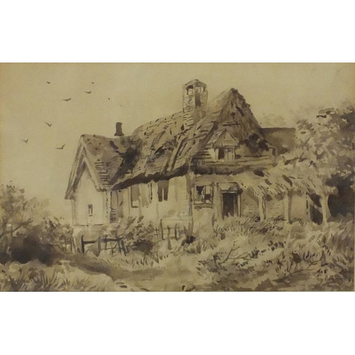 1021 - William Sawre Gilpin - Sepia watercolour view of thatched cottage, mounted and gilt framed, 31cm x 2... 